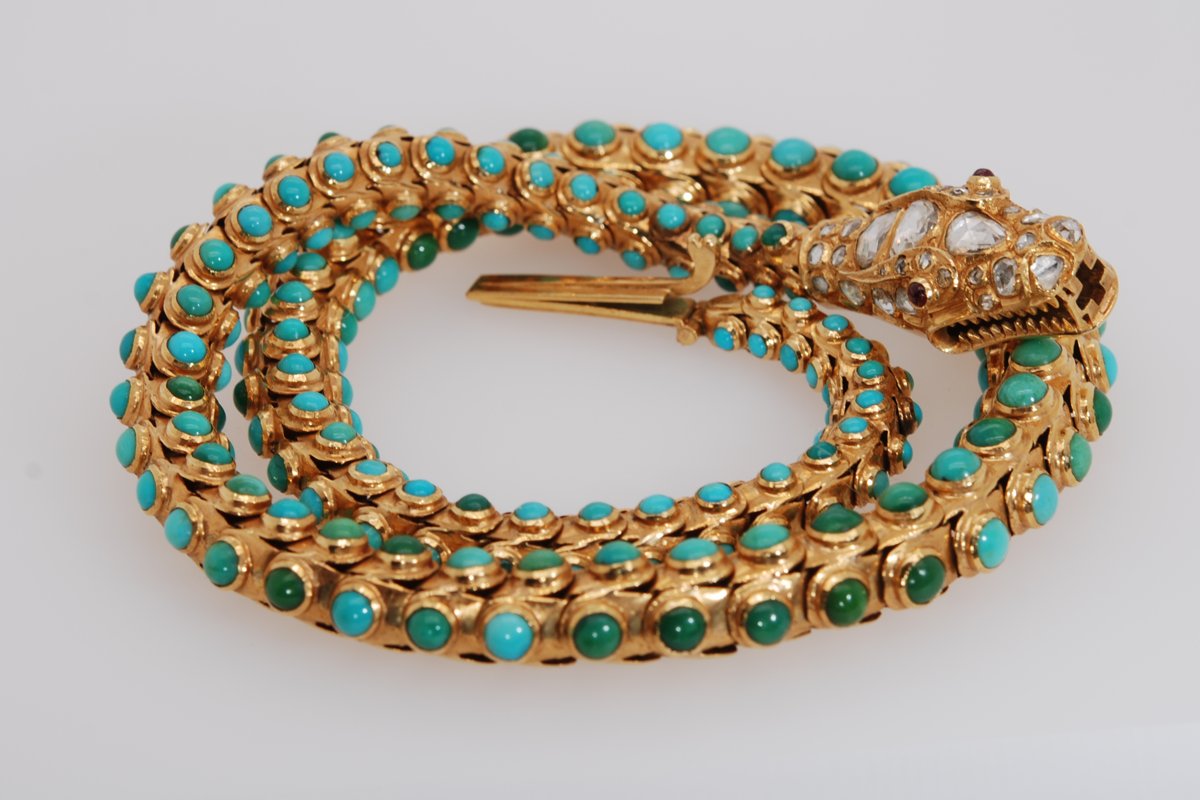 Antique gold serpent-style necklace set with turquoise and diamonds