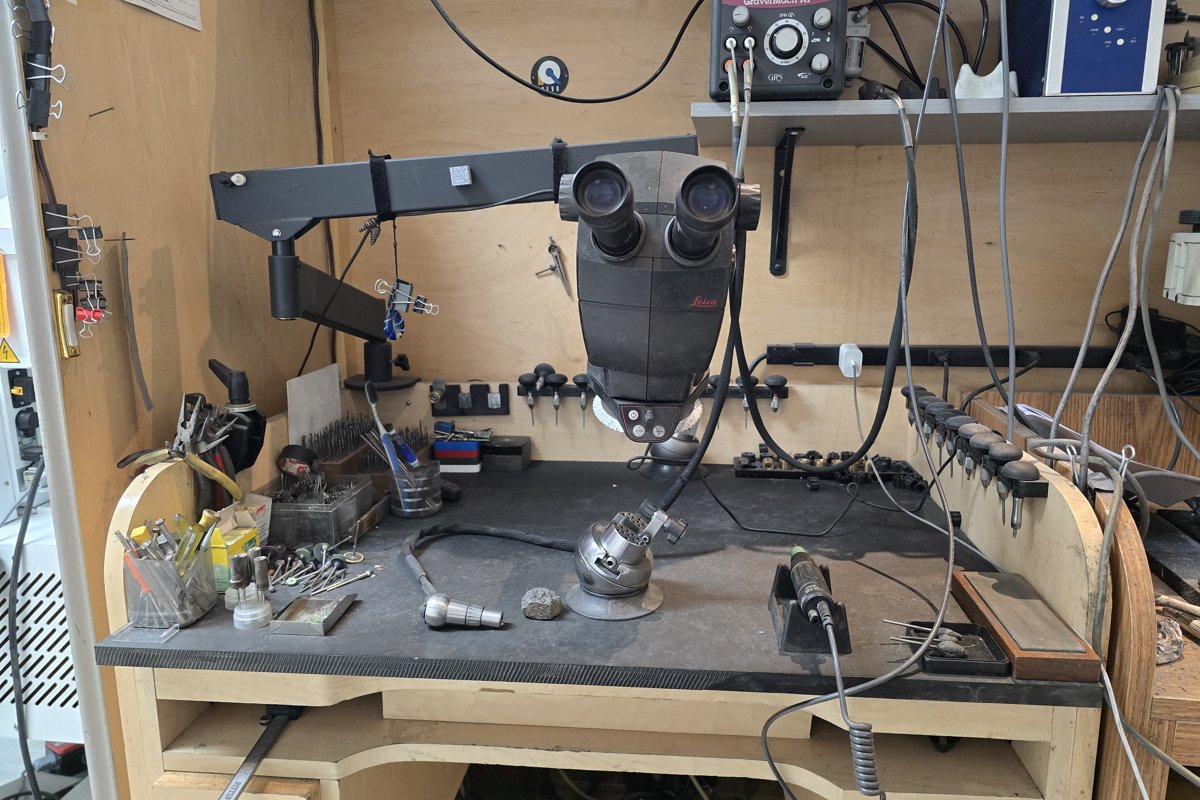 Goldsmith's workbench with a microscope at the Boston Gem Lab