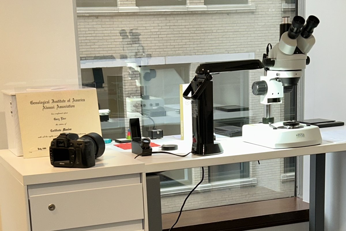 Gemological microscope on a desk in the Boston Gem Lab